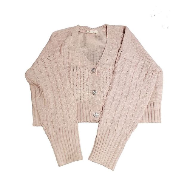 𝅺Cute New with tags Pink Cable Knit K-Pop Cardigan Top with Crystal Buttons M - Picture 1 of 4